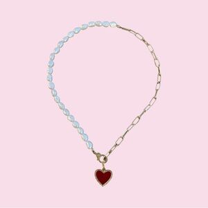 Red Diamond Heart & Pearl Necklace